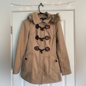 Coffeeshop Toggle Tan Peacoat, Faux Fur Trimmed Removable Hood, Small